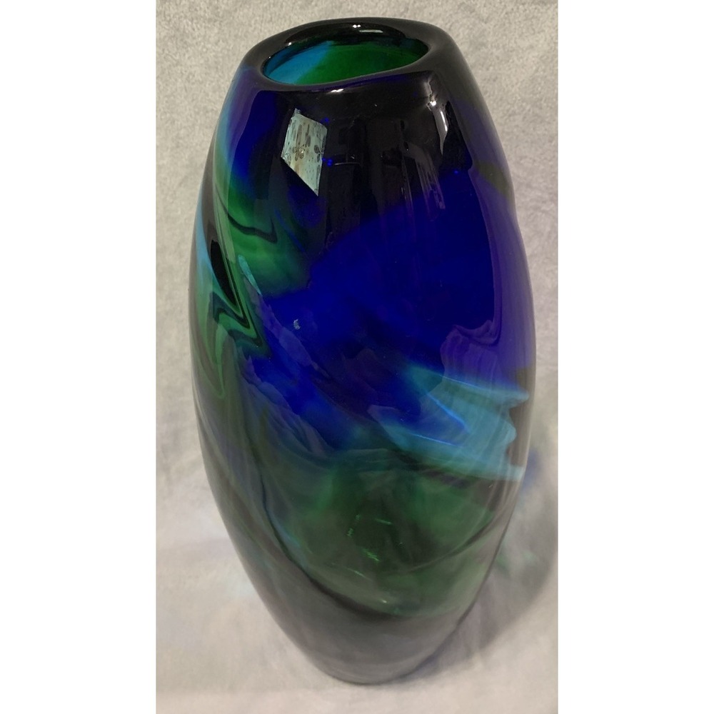 "Hand Blown Art Glass Vase Blue Green Swirl Heavy Studio Glass Modern Decor